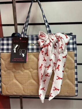 Betsey Johnson Navy Plaid Straw Tote with White Scarf and Red Print